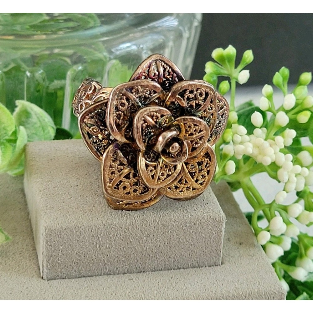 Sterling Silver 925 Filigree Flower Ring Floral Statement Size 8 / 14.65g